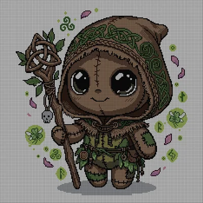 Cross-stitch pattern of a small hooded druid character with a Celtic-knot patterned cloak, holding a wooden staff with a skull charm