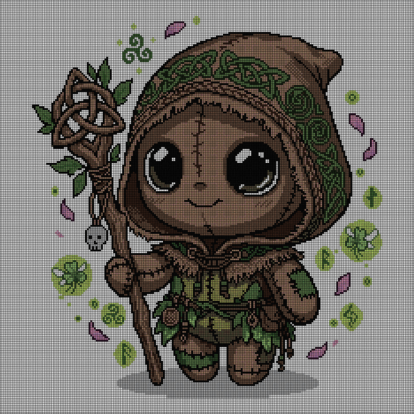 Cross-stitch pattern of a small hooded druid character with a Celtic-knot patterned cloak, holding a wooden staff with a skull charm