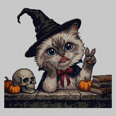 Cross-stitch pattern of a fluffy blue-eyed kitten in a black witch hat and red bow, flashing a peace sign beside a skull, small pumpkins and a stack of old books on a stone ledge