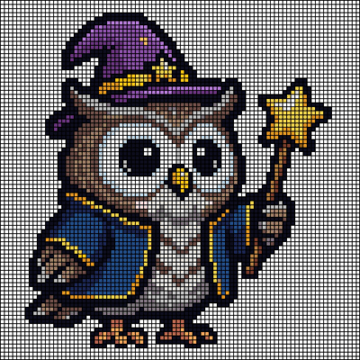 Pixel-art owl in a purple wizard hat and cloak holding a golden star wand, cross-stitch pattern preview