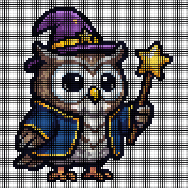 Pixel-art owl in a purple wizard hat and cloak holding a golden star wand, cross-stitch pattern preview